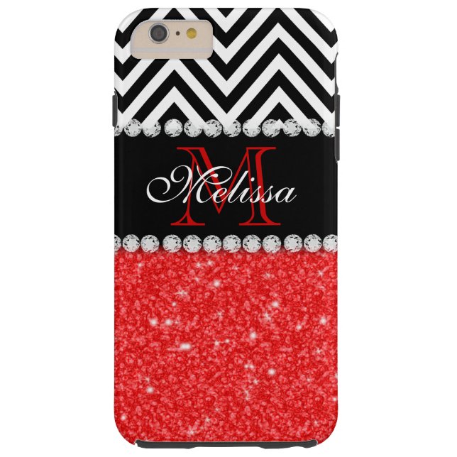 RED GLITTER BLACK CHEVRON STRIPES MONOGRAM Case-Mate iPhone CASE (Back)