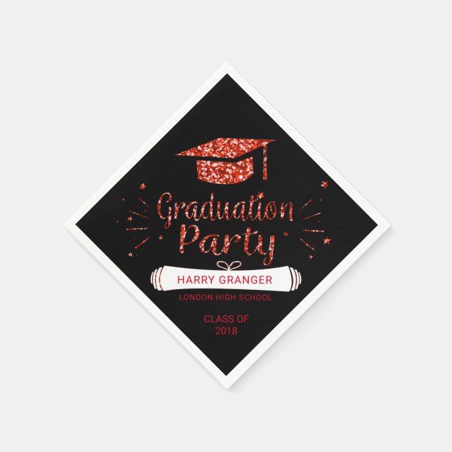 Red Glitter Black Graduation Cap Party Napkin (Corner)