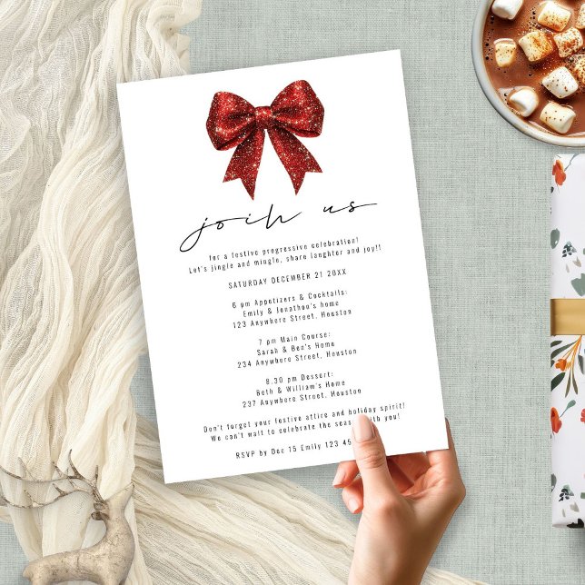 Red Glitter Bow Progessive Christmas Party Invitation (Creator Uploaded)
