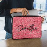 Red Glitter Brush Script Name Laptop Sleeve<br><div class="desc">Create your own bright red luxury glitter with name or monogram.
Customise the brush script font calligraphy style and size.
There are other font styles in the system.
Move,  duplicate or delete the faux sparkle graphic.</div>