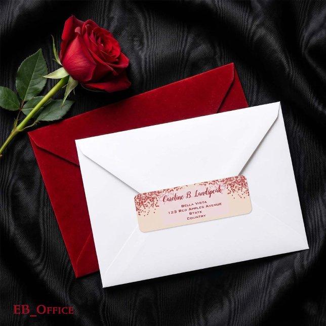 Red Glitter Champagne Elegant Return Address (Red Glitter Labels: 
2.25” L x 0.75” W
•	30 labels per sheet
•	Sheet: 8.5” L x 11” W



)