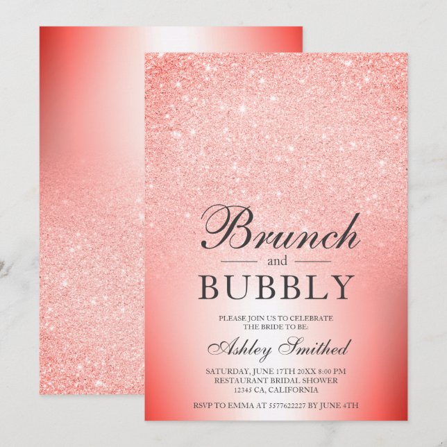 Red glitter chic brunch bubbly bridal shower invitation (Front/Back)