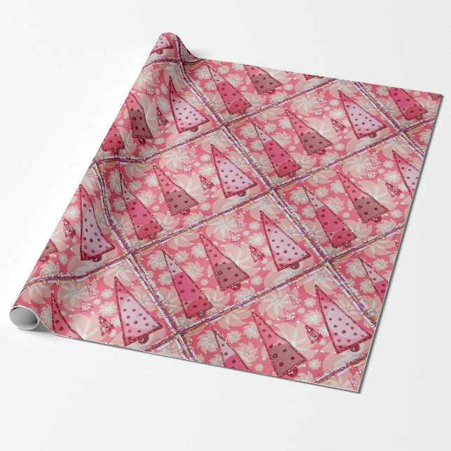 Red Glitter Christmas Collage TRees Wrapping Paper (Unrolled)