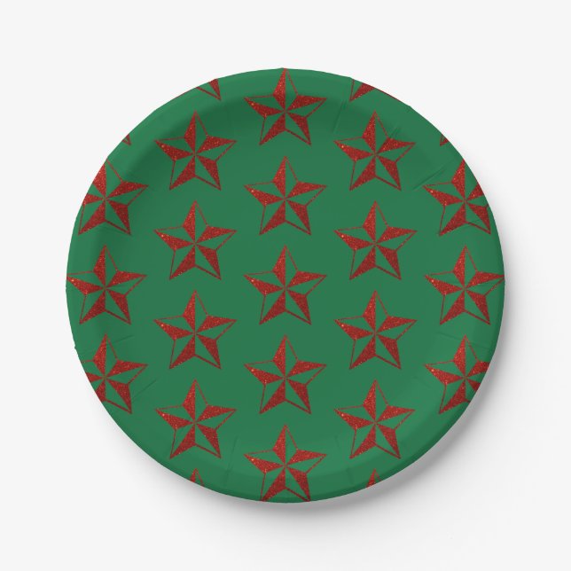 Red Glitter Christmas Star Paper Plate (Front)