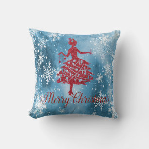 Red Glitter Christmas Tree Girl,Snowflakes Blue Cushion