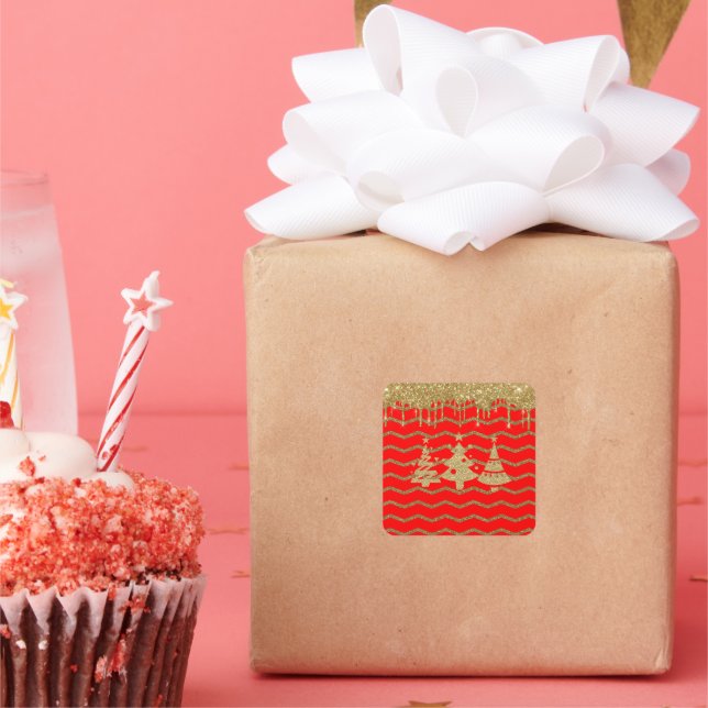 Red glitter christmas tree  square sticker (Party)