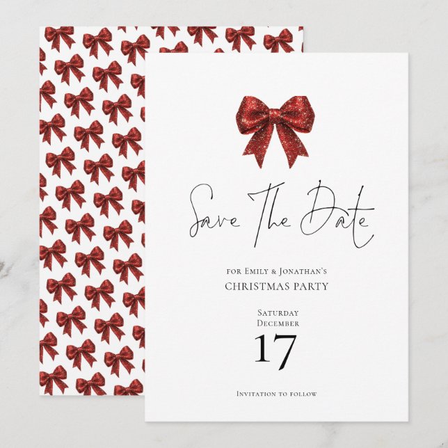 Red Glitter Coquette Bow Christmas Save the Date Invitation (Front/Back)