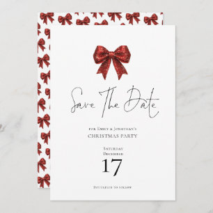 Red Glitter Coquette Bow Christmas Save the Date Invitation