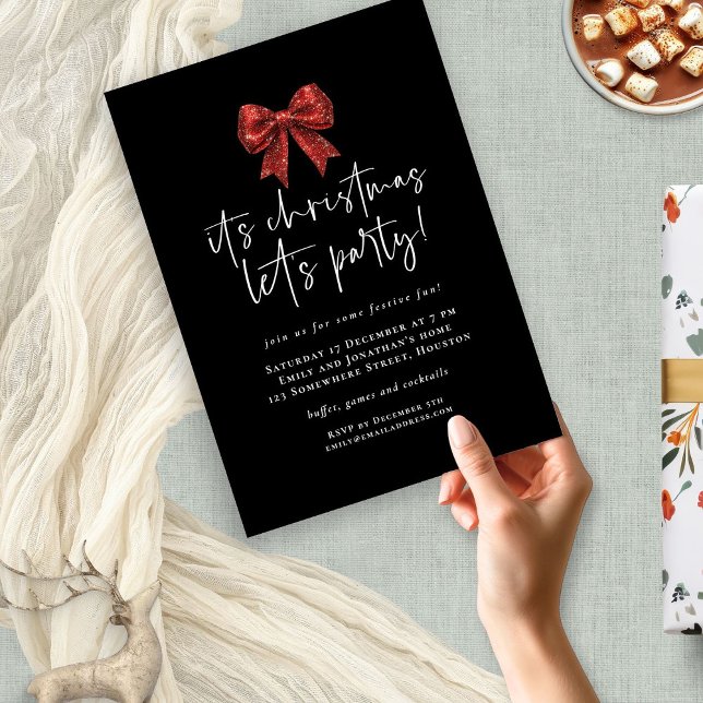 Red Glitter Coquette Bow Lets Party Christmas  Invitation (Creator Uploaded)