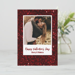 Red Glitter Couple Photo Happy Valentine's Day Holiday Card