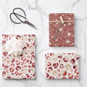 Red Glitter Cream Leopard Animal Print Birthday Wrapping Paper Sheet