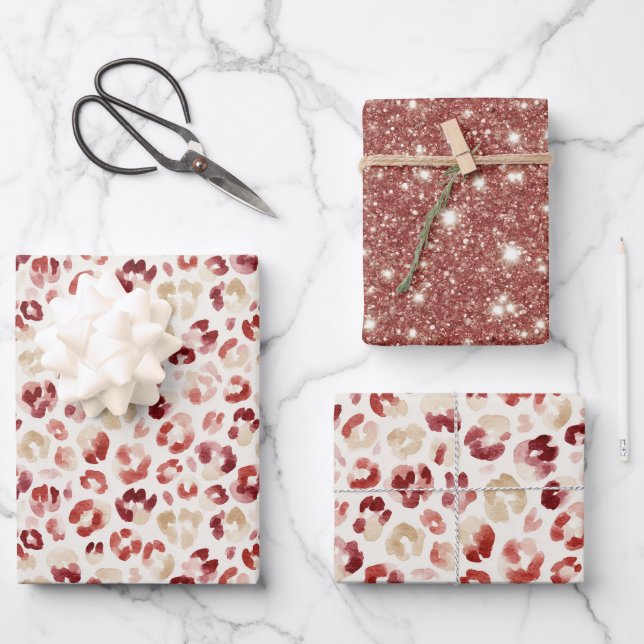Red Glitter Cream Leopard Animal Print Birthday Wrapping Paper Sheet (Front)
