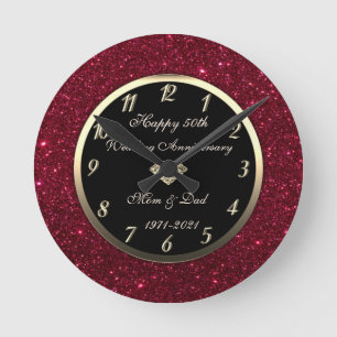 Red Glitter Diamond 50th Wedding Anniversary  Round Clock