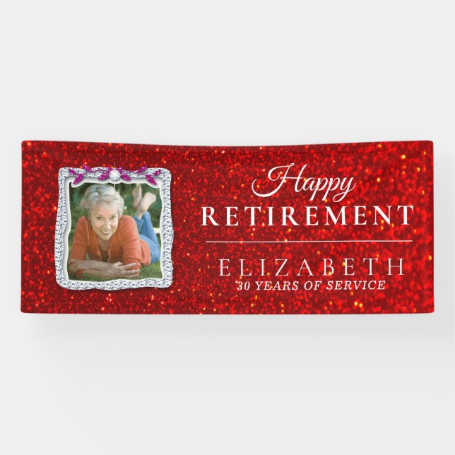 Red Glitter Diamond Frame Retirement Party Banner (Horizontal)
