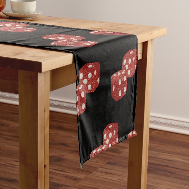 Red Glitter Dice Casino Theme on Black Short Table Runner (In Situ)