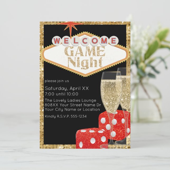 Red Glitter Dice & Champagne Black Game Night Invitation (Standing Front)