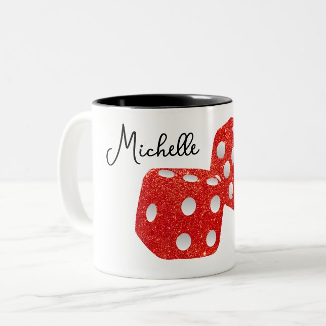 Red Glitter Dice Personalised Name Two-Tone Coffee Mug (Front Left)