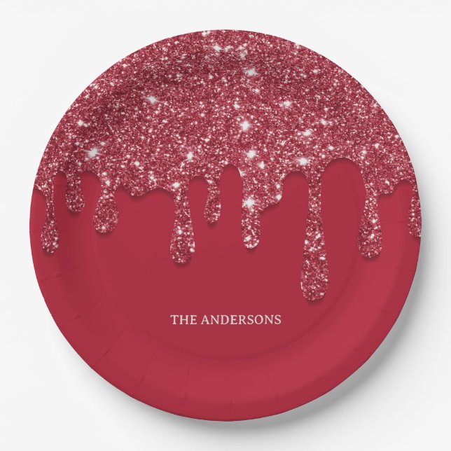 Red Glitter Drip Custom Name Disposable  Paper Plate (Front)