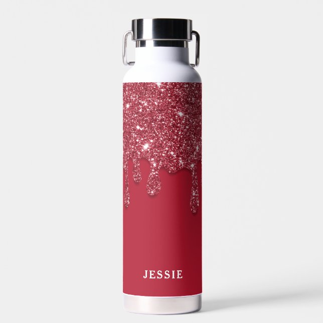 Red Glitter Drip Custom Name  Water Bottle (Front)