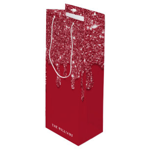 Red Glitter Drip Custom Name  Wine Gift Bag