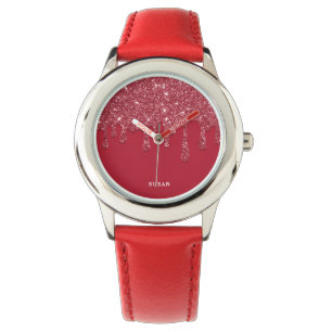 Red Glitter Drip Personalised Name Wrist Watch