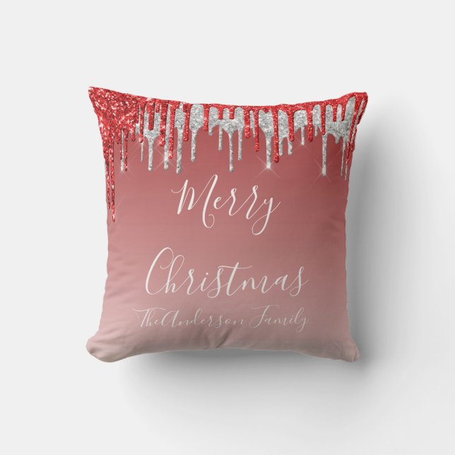 Red Glitter Dripping Monogram Merry Christmas Cushion (Front)