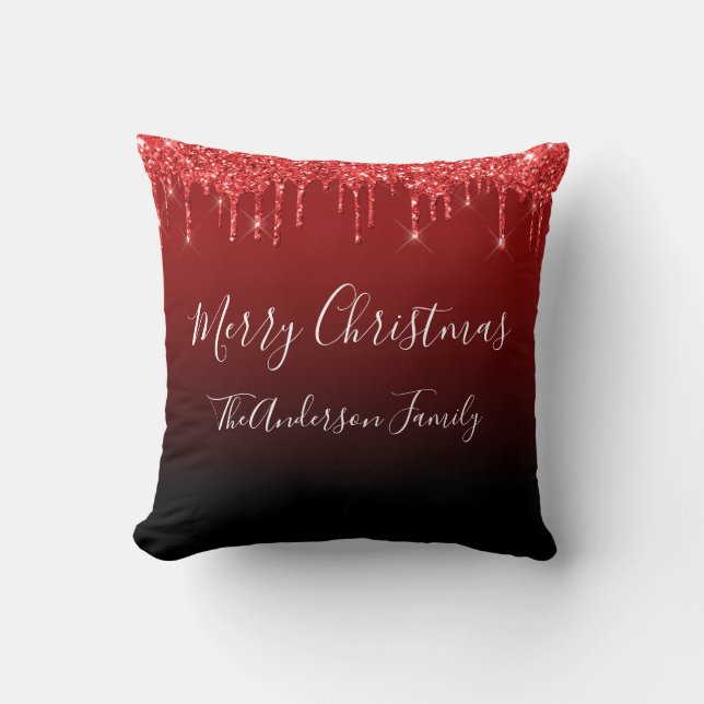 Red Glitter Dripping Monogram Merry Christmas  Cushion (Front)