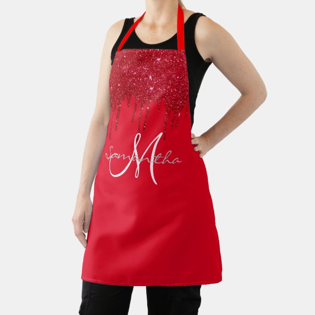 Red Glitter Drips Bold Colourful Monogram Apron (Insitu)