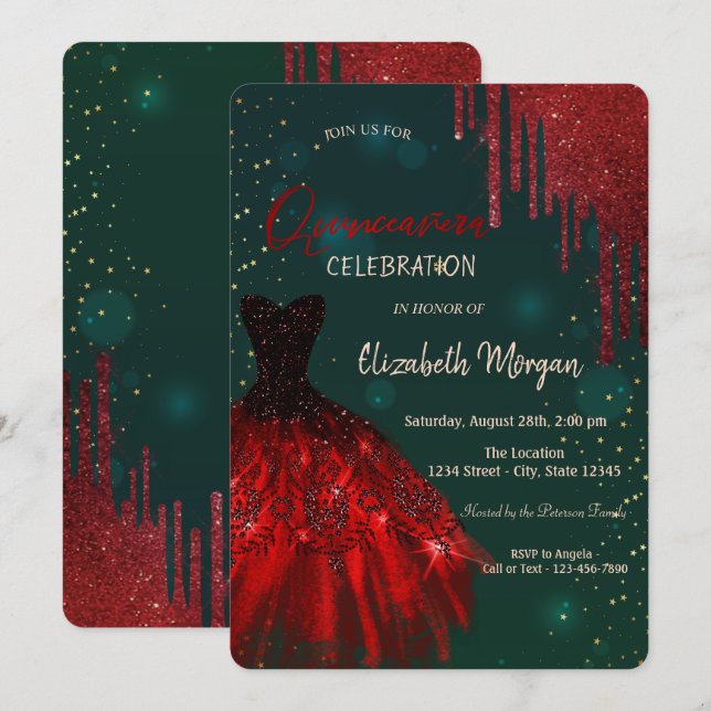 Red Glitter Drips Dress Green Quinceañera  Invitation (Front/Back)