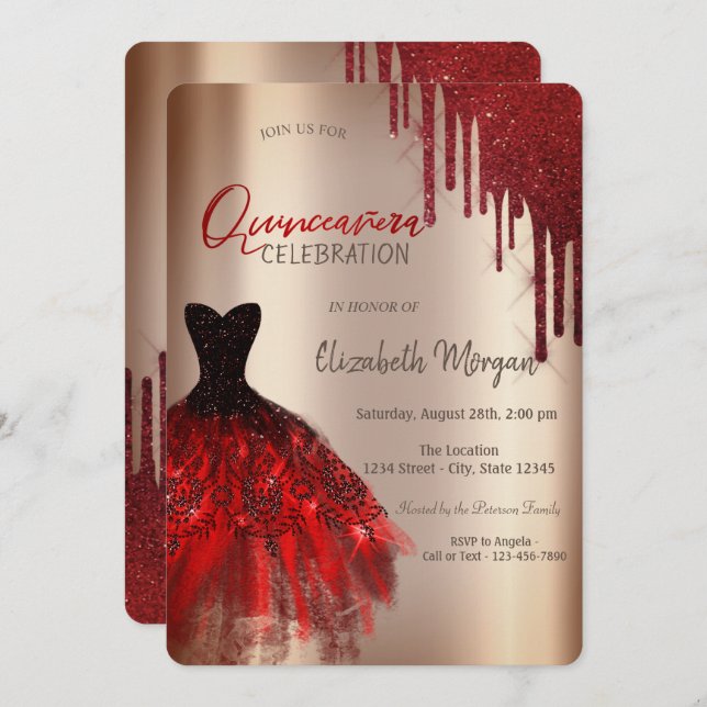 Red Glitter Drips Dress Quinceañera  Invitation (Front/Back)