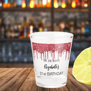 Red glitter drips name birthday party shot glass