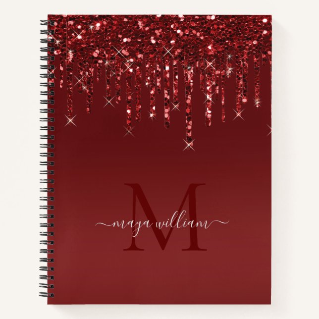 Red Glitter Drips Personalised Monogram And Name Notebook (Front)