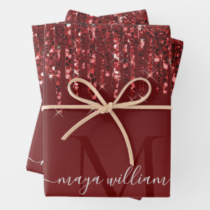 Red Glitter Drips Personalised Monogram And Name Wrapping Paper Sheet
