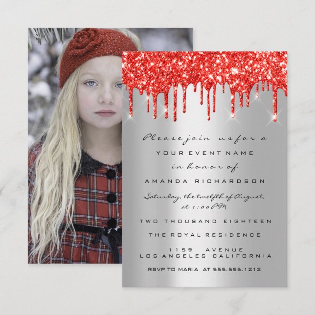 Red Glitter Drips Silver Bridal Sweet 16th Birthda Invitation (Front/Back)