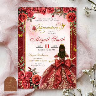  Red Glitter Elegant Quinceanera Invitation