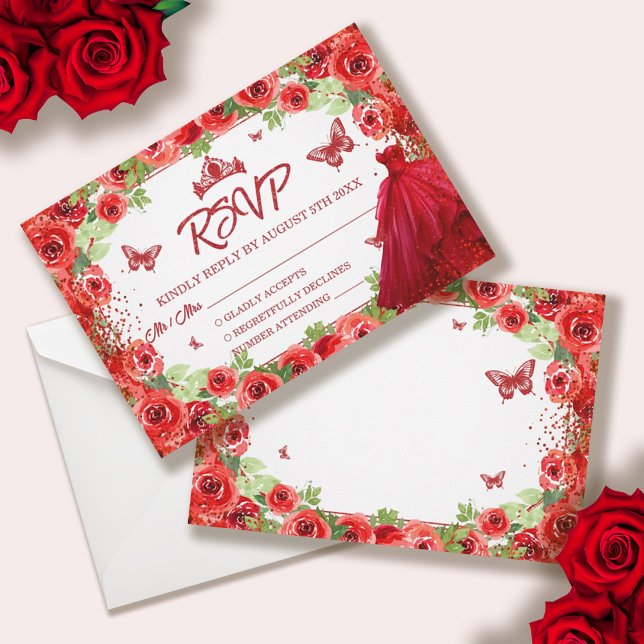 Red Glitter Floral Quinceanera RSVP Card (Red Glitter Floral Quinceanera RSVP Card)