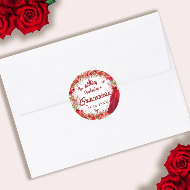 Red Glitter Floral Sparkle Quinceanera Classic Round Sticker (Red Glitter Floral Sparkle Quinceanera Classic Round Sticker)