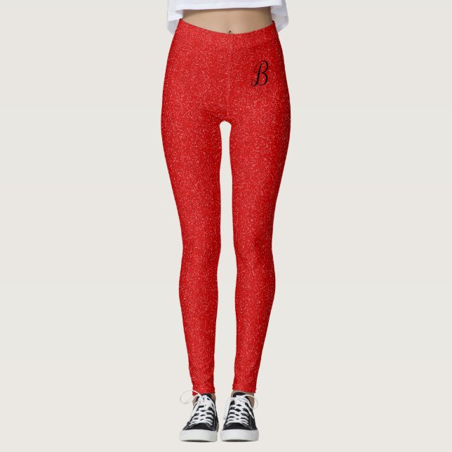 Red Glitter Girly Trendy Classy Custom Monogram Leggings (Front)