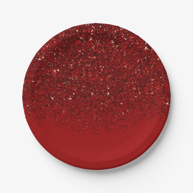 Red Glitter Glam Sparkle Elegant Chic Party Paper Plate (Front)