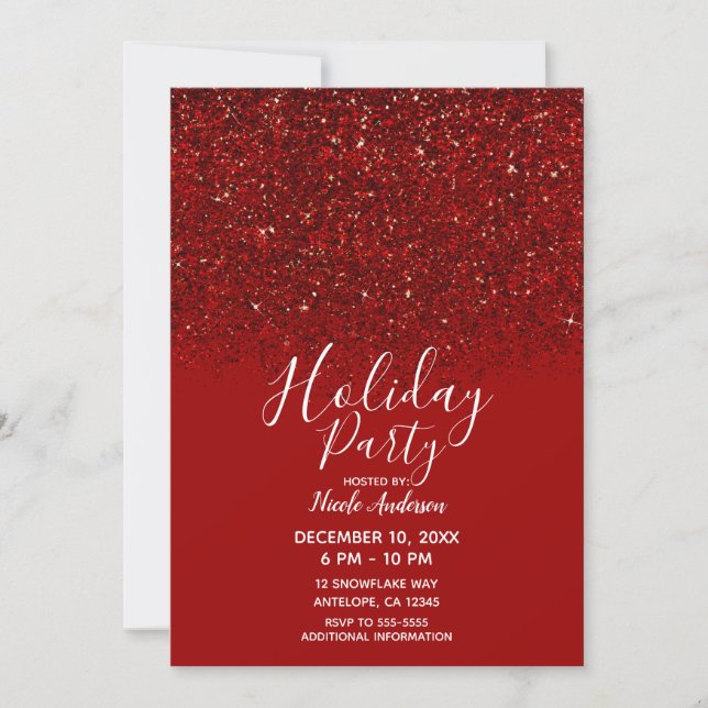 Red Glitter Glam Sparkle Elegant Holiday Party Invitation (Front)