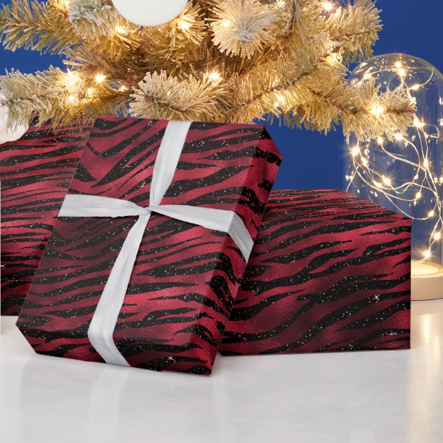 Red Glitter Glam Tiger Stripes Pattern Wrapping Paper (Holidays)