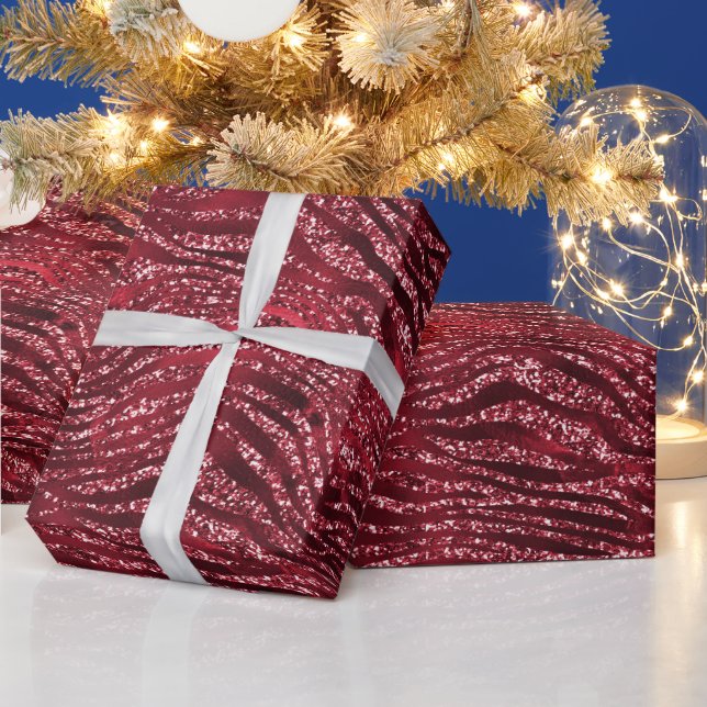 Red Glitter Glam Tiger Stripes Pattern Wrapping Paper (Holidays)
