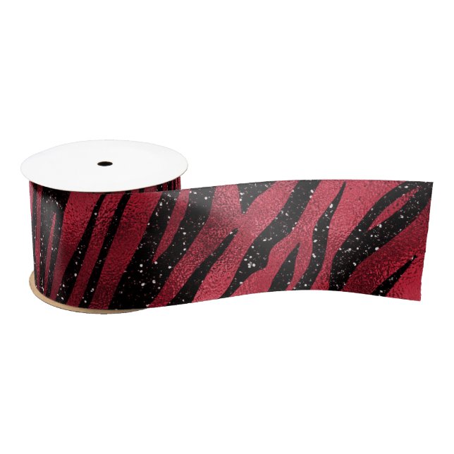 Red Glitter Glam Zebra Stripes Pattern Satin Ribbon (Spool)