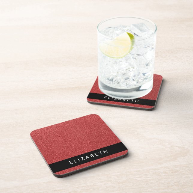 Red Glitter, Glitter Background, Your Name Coaster (Right Side)