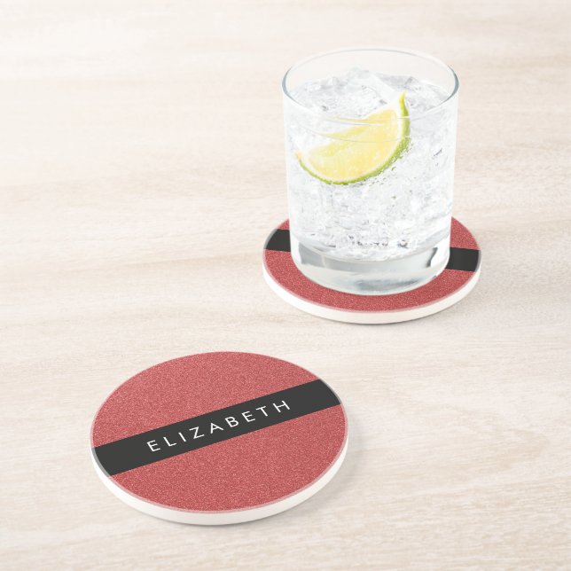 Red Glitter, Glitter Background, Your Name Coaster (Side)