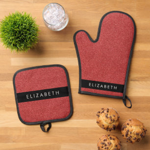 Red Glitter, Glitter Background, Your Name Oven Mitt & Pot Holder Set