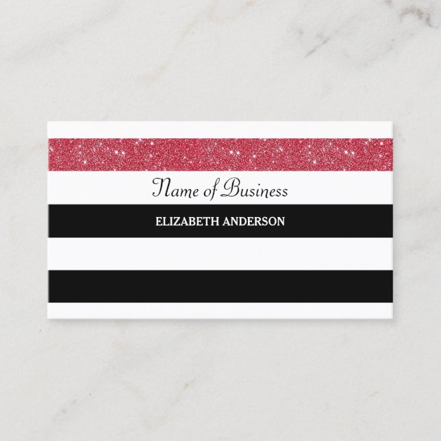 Red Glitter Glitz With Black and White Stripes Business Card (Front)