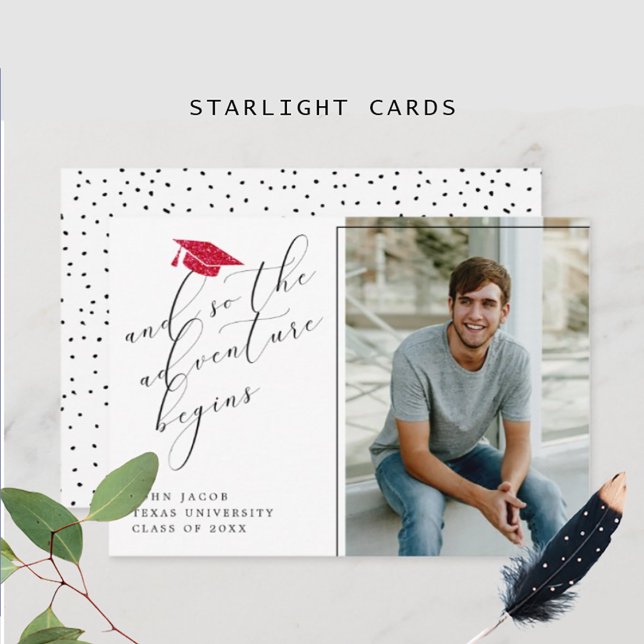 Red Glitter Graduation Hat with Quotes Photo Announcement (Creator Uploaded)