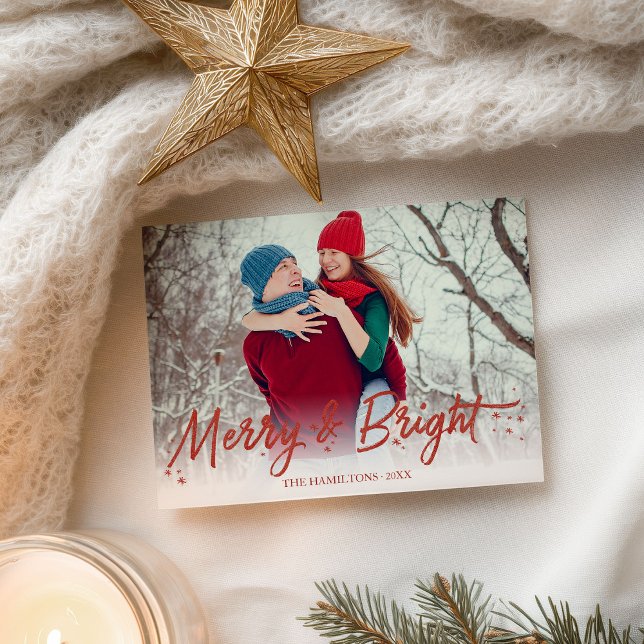 Red Glitter Handwritten Photo Merry And Bright Postcard (Creator Uploaded)