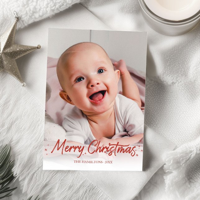 Red Glitter Handwritten Photo Merry Christmas Invitation (Creator Uploaded)